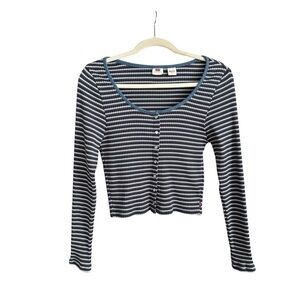 LEVI’S Britt‎ Long Sleeve Pearl Snap Knit Top Cropped Ribbed Scoop Neck Y2K XL